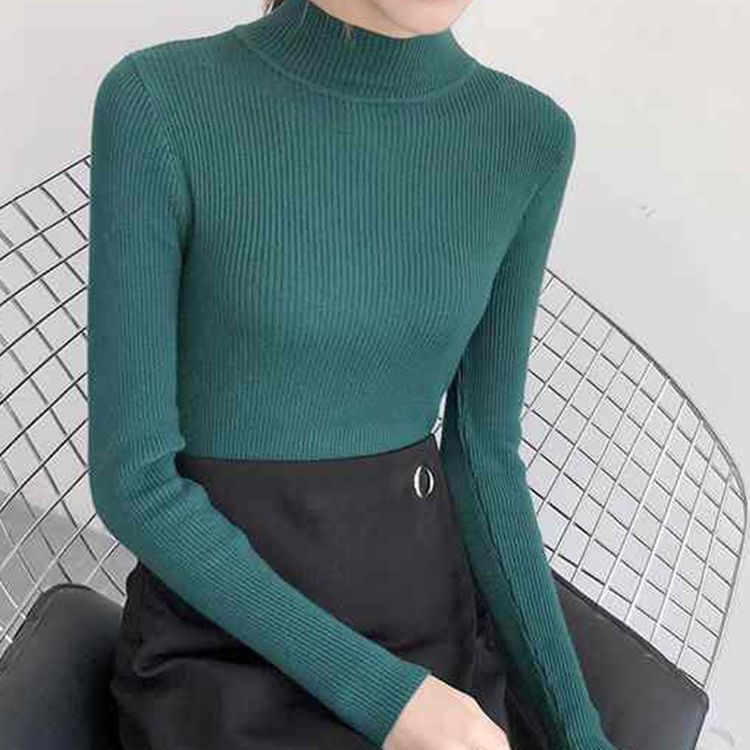 Thumbnail: Autumn Winter Mock Neck Women Sweater Vintage Basic Solid Knitted Tops Casual Sl