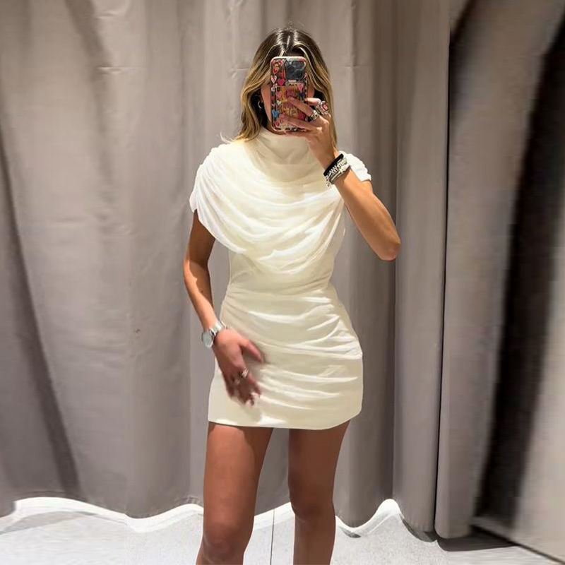 Thumbnail: Elegant Mesh Shawl Short Dress Women Pleated Half High Collar Sleeveless Female 