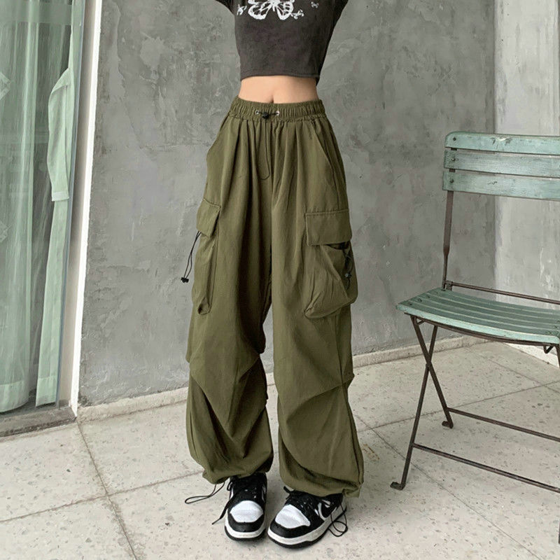 Thumbnail: Women Casual Cargo Pant Solid Low Waist Drawstring Big Pockets Wide Leg Baggy Tr