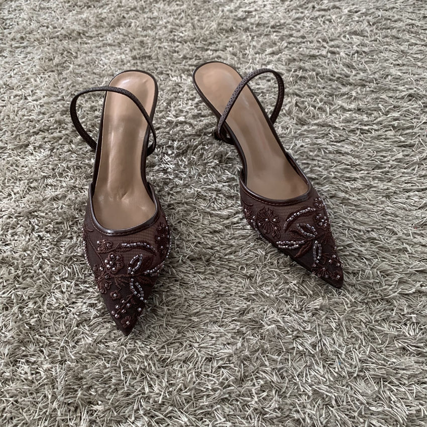 Thumbnail: 2026 String Bead Mesh Embroider Slingback High Heels Women Sexy Pointed Toe Heel