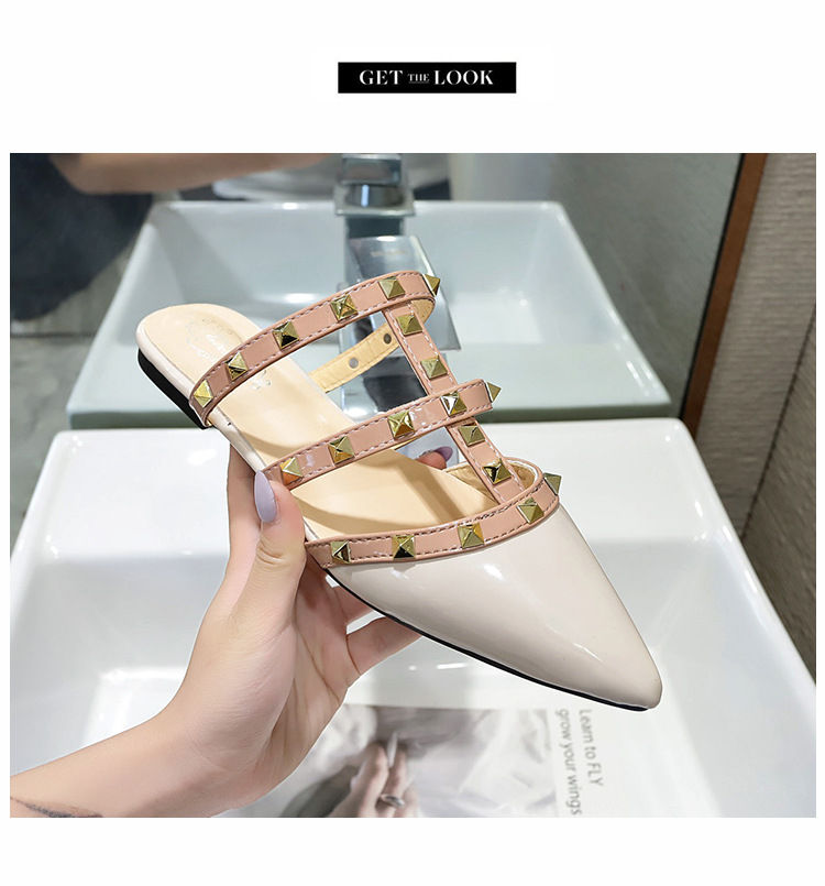Thumbnail: Ladies Closed Toe Slippers Shiny Patent Leather Slip-On with Rivets Mixed Colors