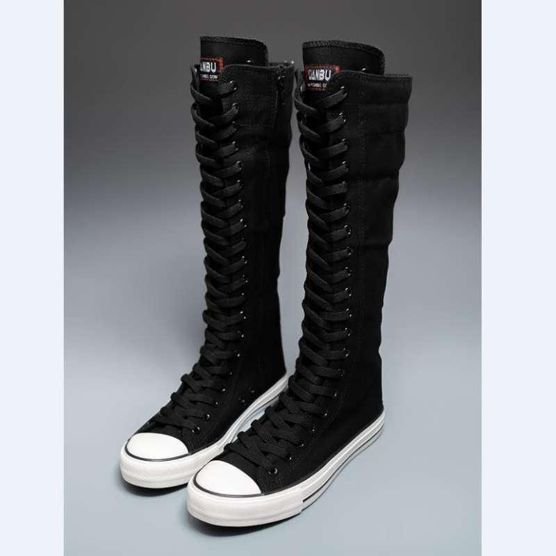 Thumbnail: Women's Casual Motion Canvas Knee-High Boot Cross Tied Side Zipper Comfortable F