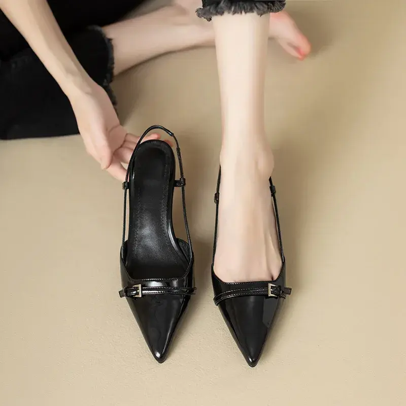 Thumbnail: 2024 New Summer French Wine Red Pointed Patent Leather Mid-heel Overhead Sandals