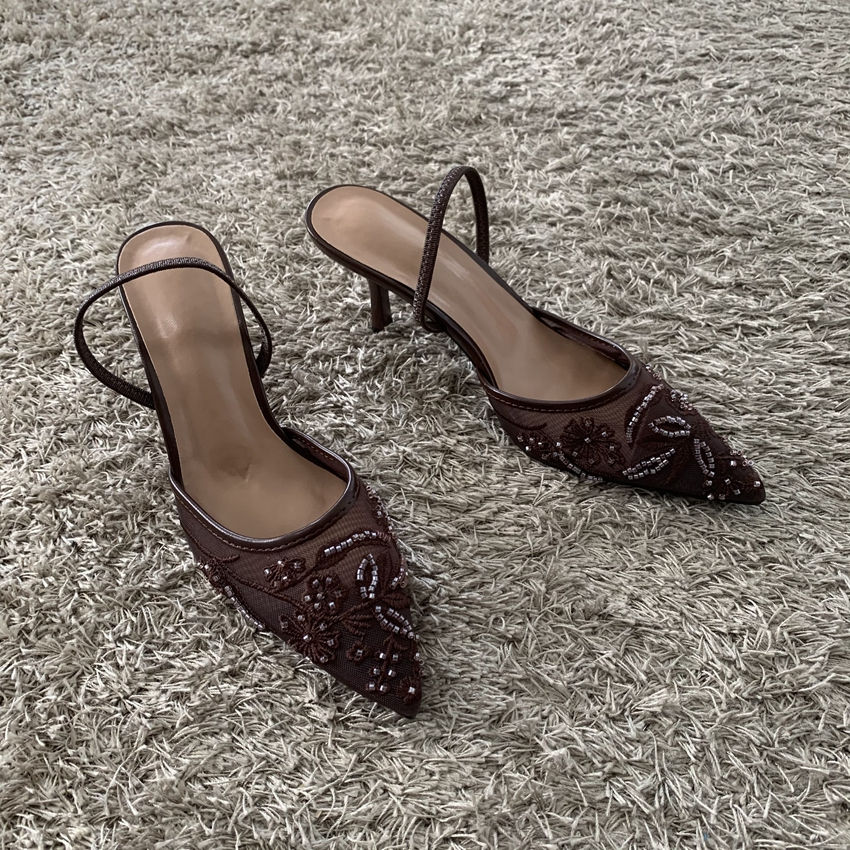 Thumbnail: 2026 String Bead Mesh Embroider Slingback High Heels Women Sexy Pointed Toe Heel