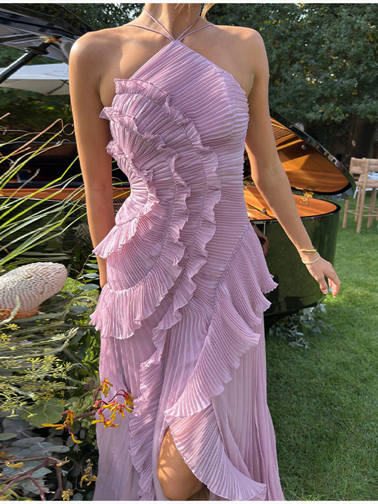 Thumbnail: Elegant Purple Halter A Line Prom Gowns Ruffles Tiered Backless Party Gown Summe