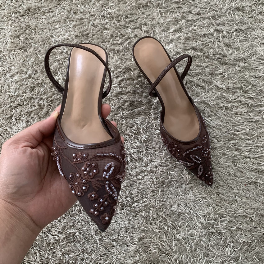 Thumbnail: 2026 String Bead Mesh Embroider Slingback High Heels Women Sexy Pointed Toe Heel