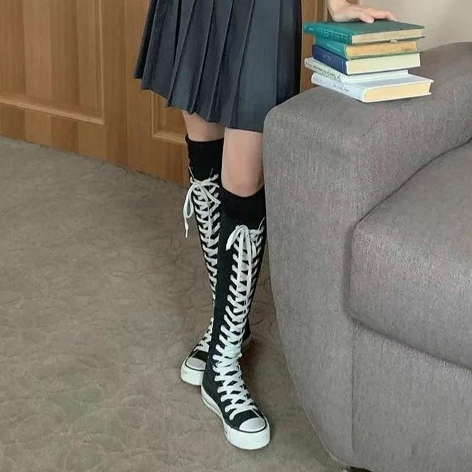 Thumbnail: Women's Casual Motion Canvas Knee-High Boot Cross Tied Side Zipper Comfortable F