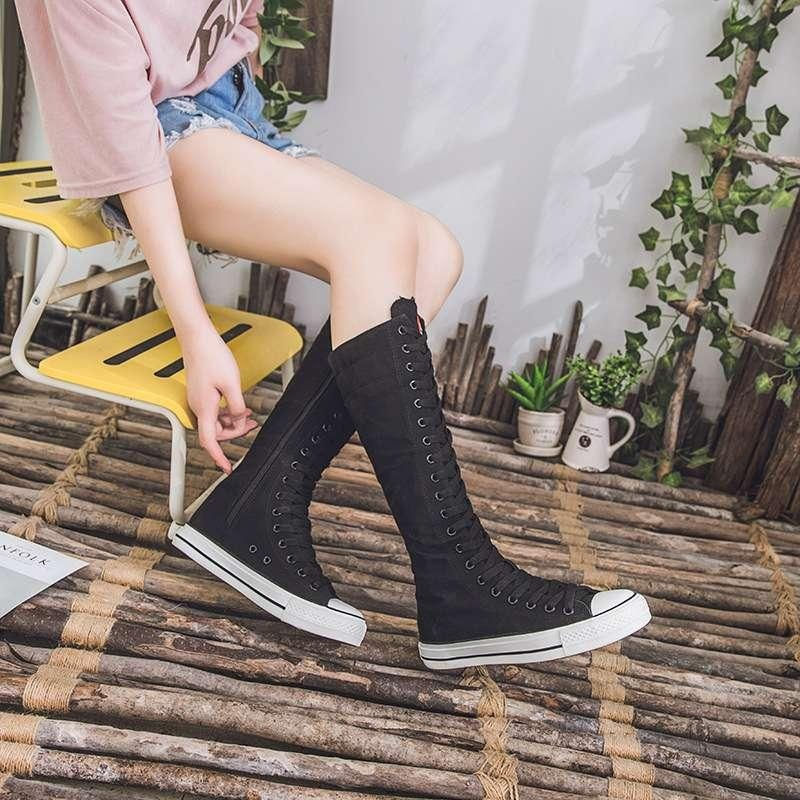 Thumbnail: Women's Casual Motion Canvas Knee-High Boot Cross Tied Side Zipper Comfortable F