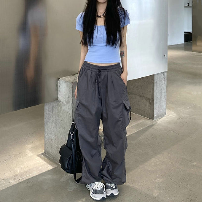 Thumbnail: Women Casual Cargo Pant Solid Low Waist Drawstring Big Pockets Wide Leg Baggy Tr