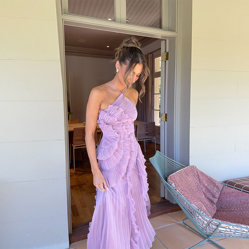 Thumbnail: Elegant Purple Halter A Line Prom Gowns Ruffles Tiered Backless Party Gown Summe