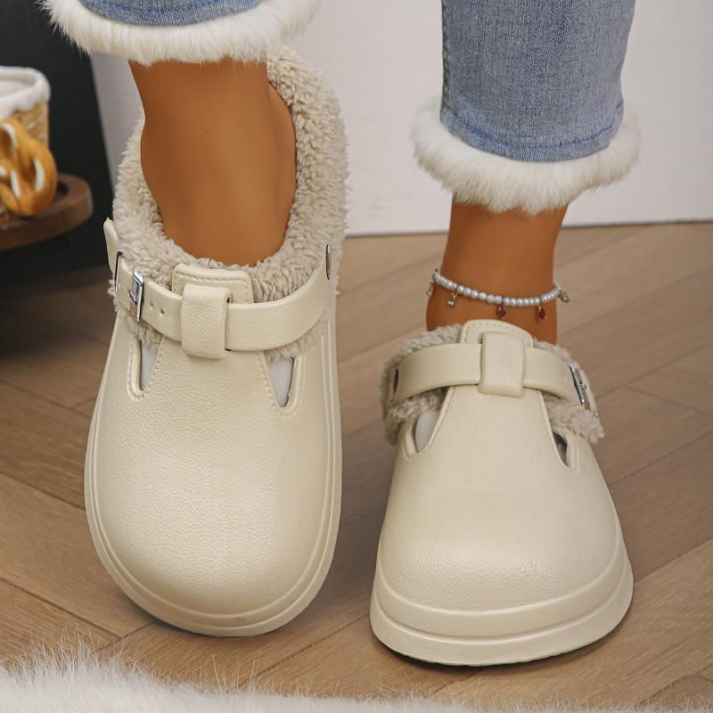 Thumbnail: Waterproof Eva Furry Mules Slippers Women 2025 Winter Metal Buckle Warm Plush Sl