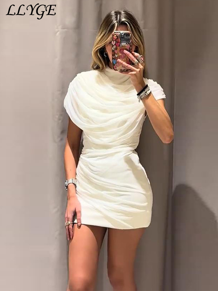 Elegant Mesh Shawl Short Dress Women Pleated Half High Collar Sleeveless Female 