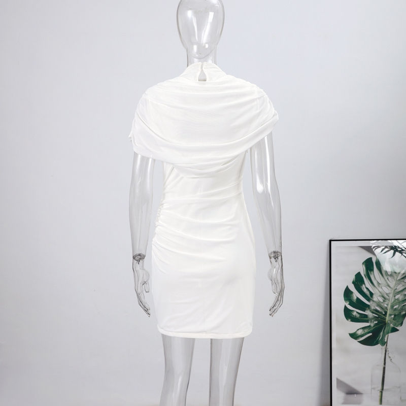 Thumbnail: Elegant Mesh Shawl Short Dress Women Pleated Half High Collar Sleeveless Female 