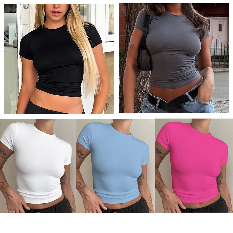 Thumbnail: Woman Clothing Short Sleeve T-shirt Slim Fit Tops Female O-Neck Knitted Sheath T