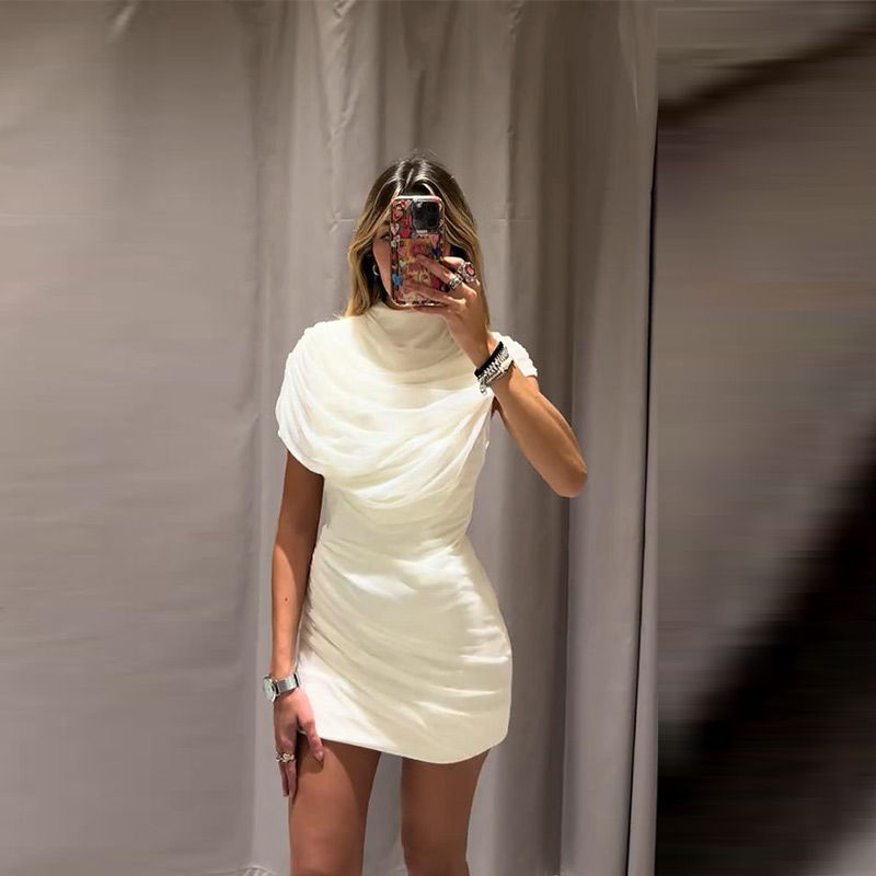 Thumbnail: Elegant Mesh Shawl Short Dress Women Pleated Half High Collar Sleeveless Female 