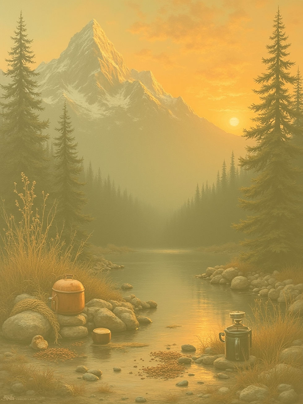 Landscape coffee-themed illustration at sunrise