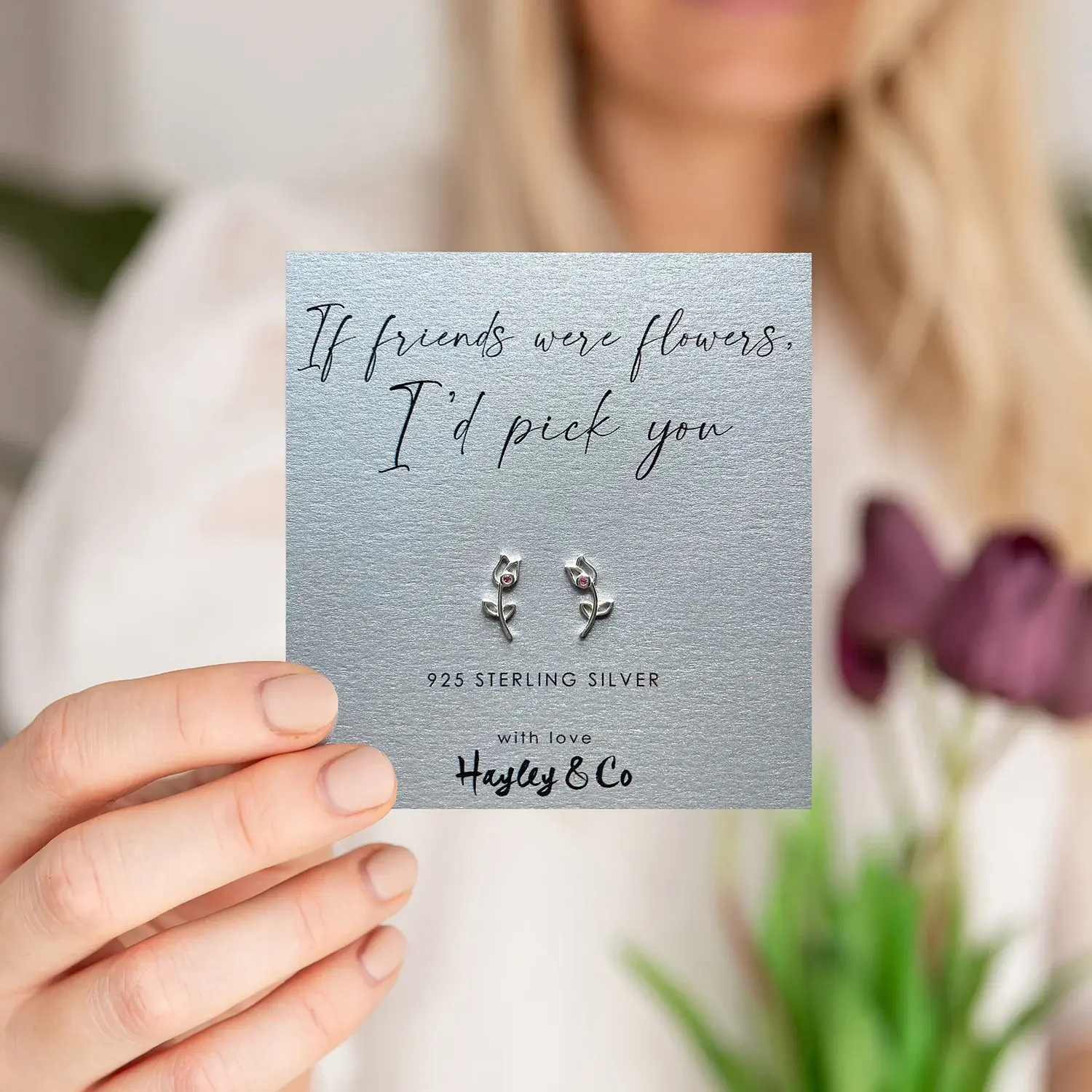 Hayley & Co Sterling Silver & Pink Crystal Earrings - 'If friends were flowers'