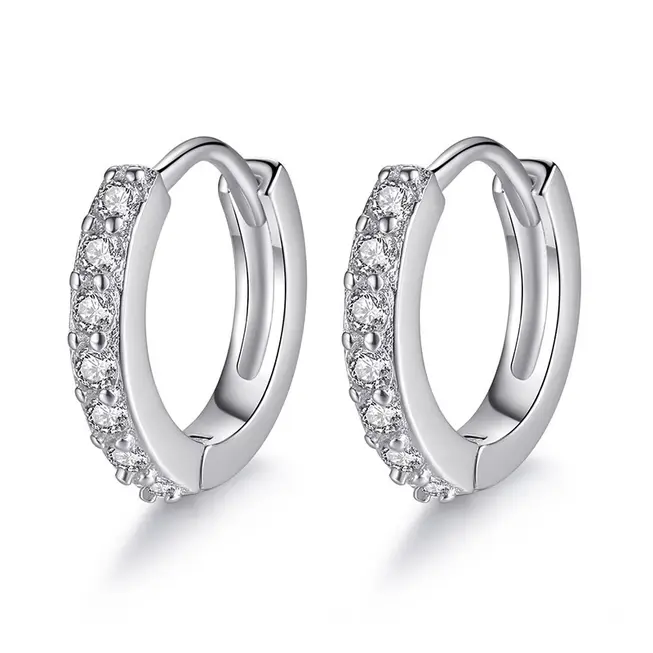 Thumbnail: Simple Studded Hoop Crystal Silver Earrings