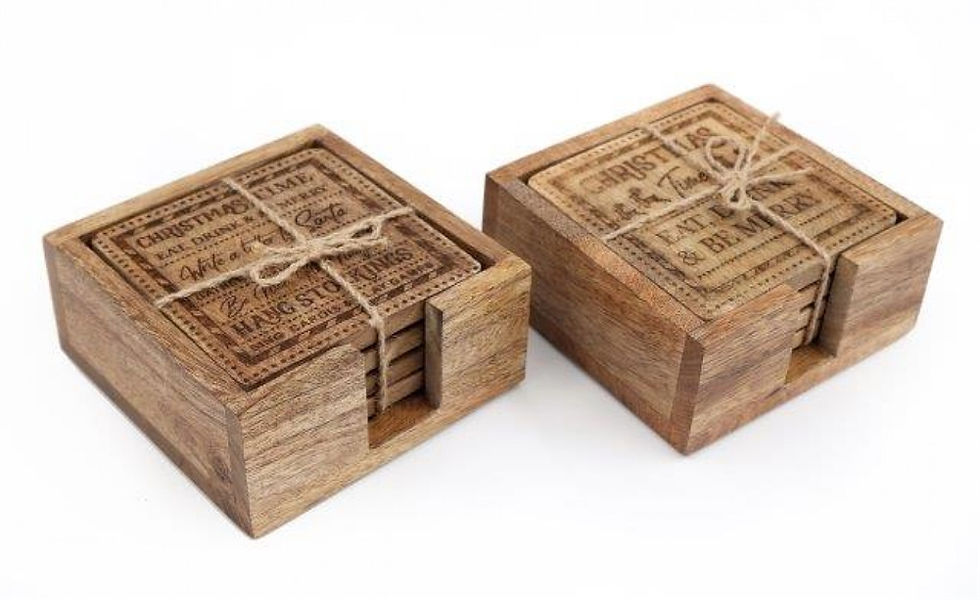 Handcrafted Mango Wood Set of 4 Festive Coasters with Holder