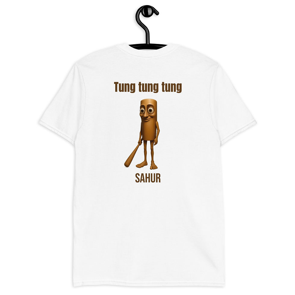 Thumbnail: White t-shirt on hanger with brown 'Tung Tung Tung Sahur' text and meme character on back – meme streetwear.