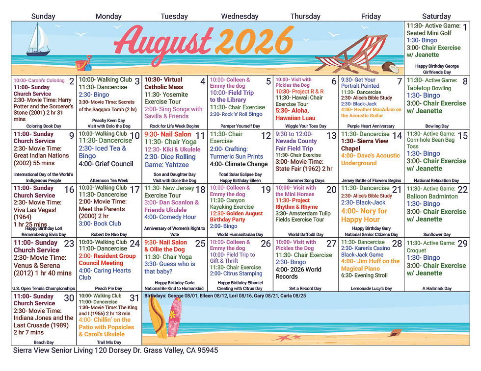 August 2026 Activities Calendar