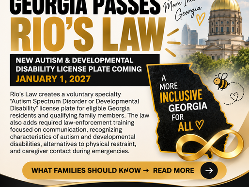 Auesomely You Magazine graphic about Georgia Rio’s Law and the new Autism Spectrum Disorder or Developmental Disability license plate coming January 1, 2027
