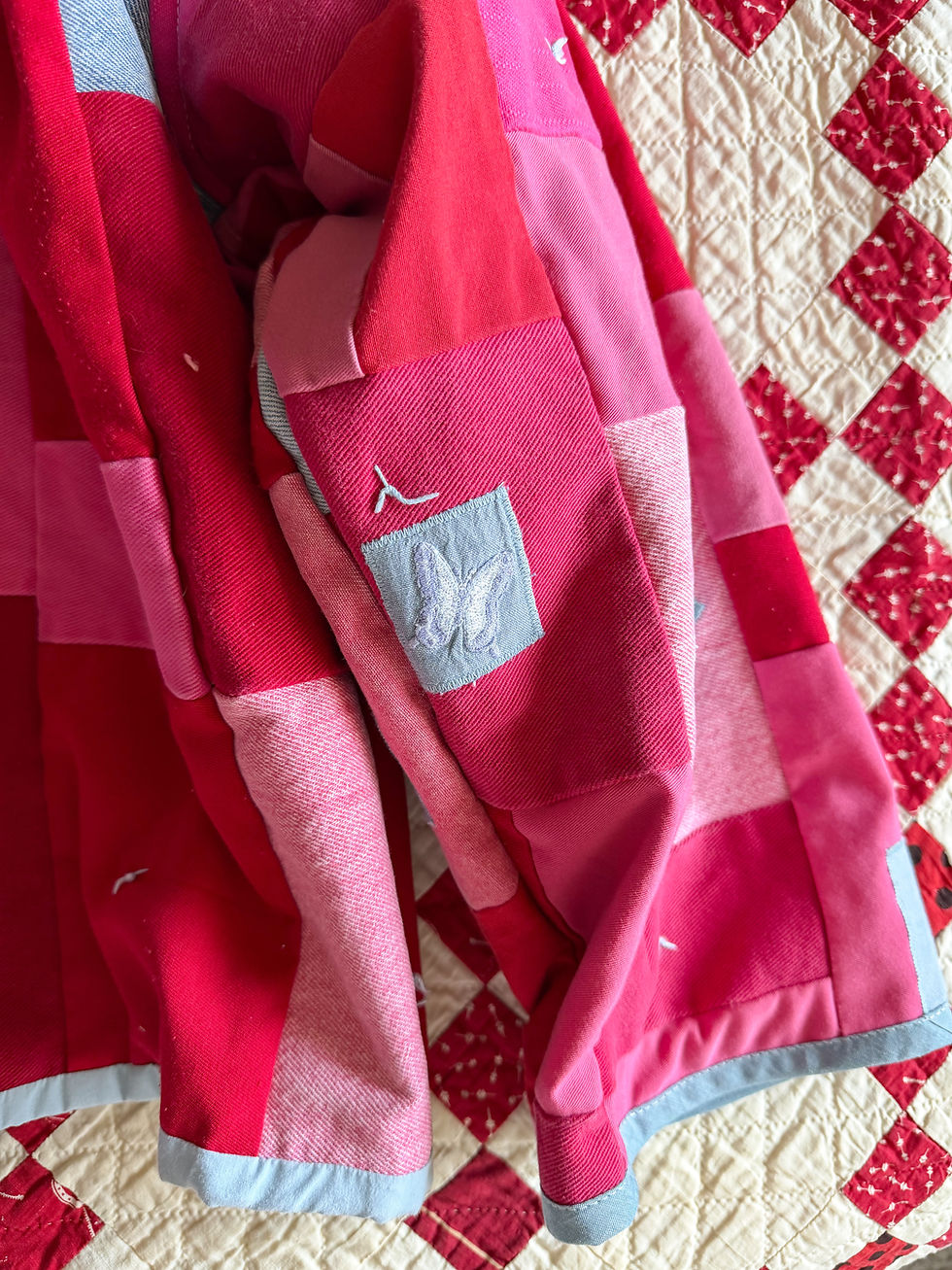 Thumbnail: Red and pink denim shawl quilt jacket 