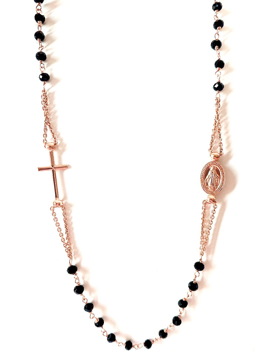 Thumbnail: Rosario a giro pietre nere con croce e madonnina  