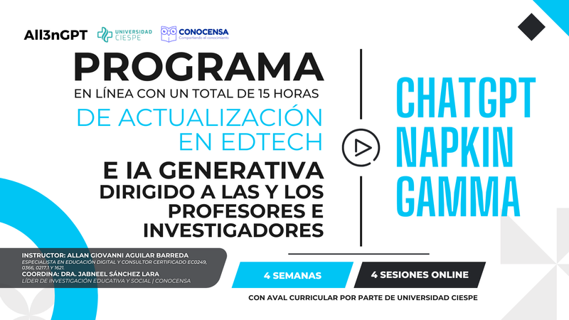 Banner promocional del Programa de Actualización en EdTech e IA Generativa dirigido a profesores investigadores, impartido en línea por el Lic. Allan Giovanni Aguilar Barreda. 