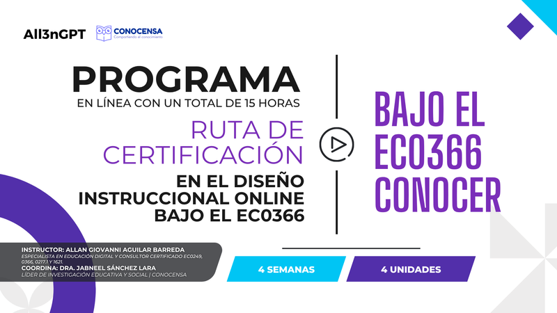 Banner promocional de la Ruta de Certificación en el diseño instruccional online bajo el EC0366, impartido en línea por el Lic. Allan Aguilar Barreda. 