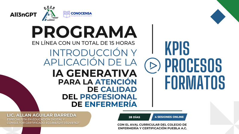 Banner promocional del Programa Introducción y Aplicación de la IA Generativa para la Certificación en Calidad ISO 15189, impartido en línea por el Lic. Allan Aguilar Barreda. 