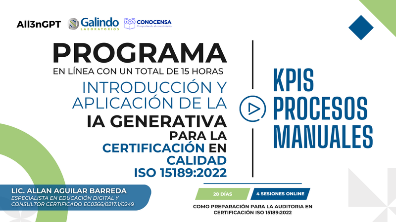 Banner promocional del Programa Introducción y Aplicación de la IA Generativa para la Certificación en Calidad ISO 15189, impartido en línea por el Lic. Allan Aguilar Barreda. 