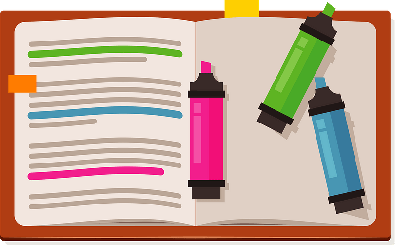 A digital image of a book with multicoloured highlights in it.