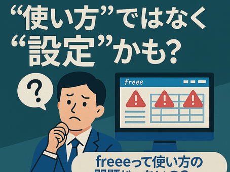 パソコンを前にfreeeの画面を見つめる社長が困惑した表情を浮かべている。背景には「freeeでミスが多いのは“設定”かも?」というメインコピーと、KBOSSのロゴが表示されている。
