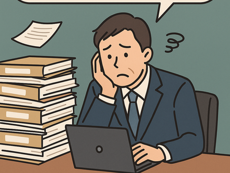 「書類、出してるのに何で終わらないの？」と吹き出しでつぶやくスーツ姿の男性が、ノートパソコンと紙の山に囲まれながら頭を抱えて座っている。背景は落ち着いたグリーン系で、下部には「『その後ごと』任せていいんです」というキャッチコピーとKBOSSのロゴが配置されている。