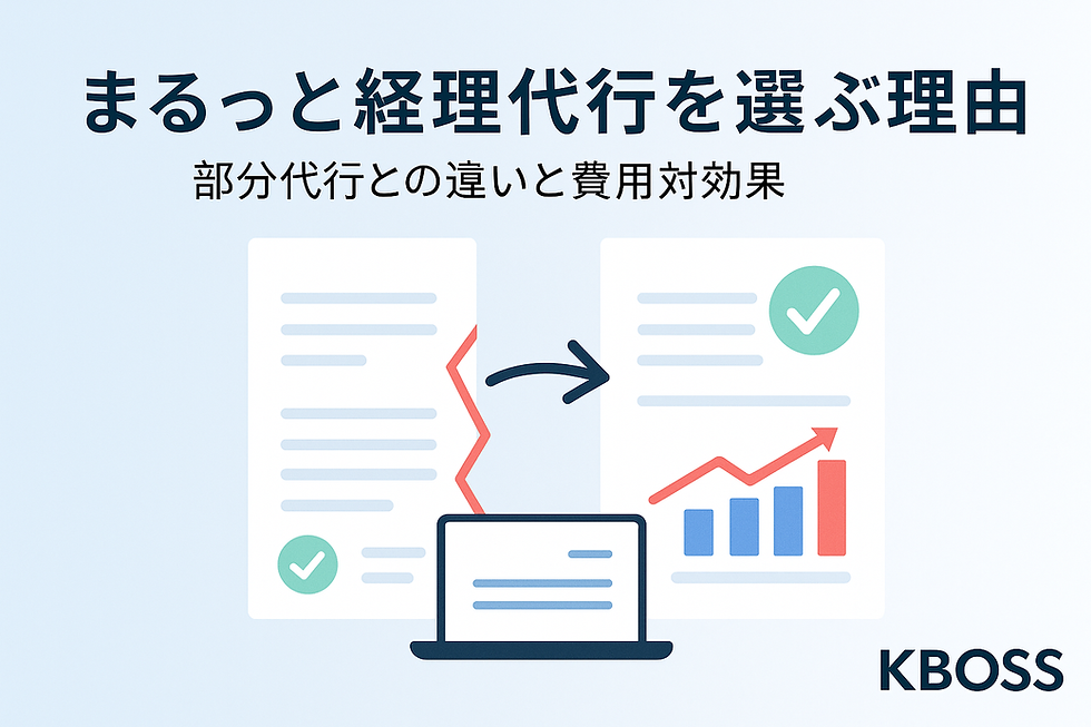 『まるっと経理代行を選ぶ理由|部分代行との違いと費用対効果』と大きく記載されたOG画像。中央には費用対効果を示すグラフやアイコンが配置され、下部にKBOSSロゴが入っている。