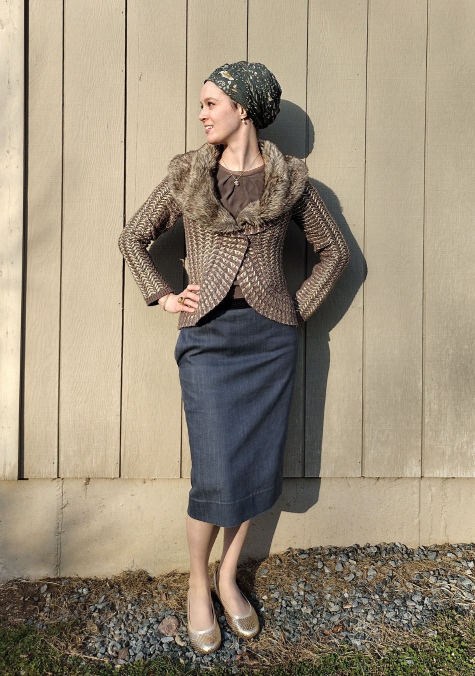 floral head scarf with brown modest outfit