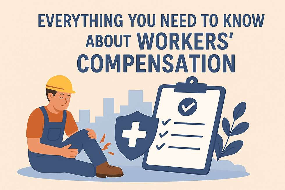 Worker in hard hat sits injured, holding leg. Text: "Everything You Need to Know About Workers' Compensation." Clipboard, shield, and plant nearby.