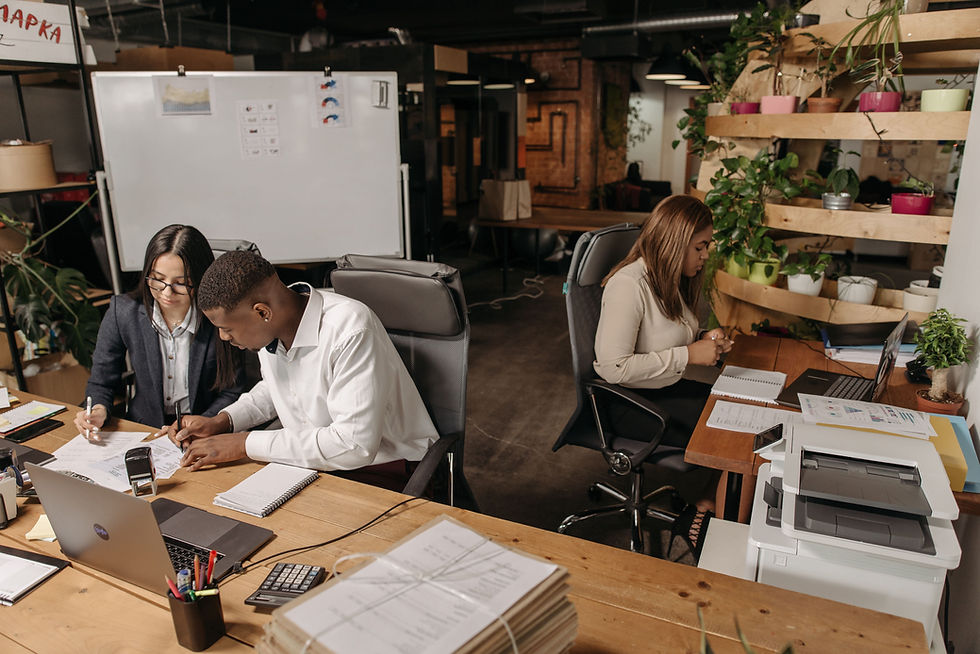 Three coworkers collaborate over paperwork in a plant-filled office, with laptops, printer, and a whiteboard in the background. Small business insurance connecticut