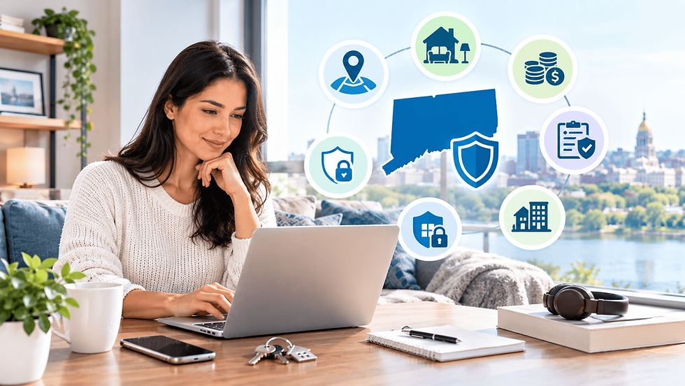 Connecticut renter comparing renters insurance quotes, with factors such as location, coverage limits, claims history, deductible, property value, and security features represented visually.
