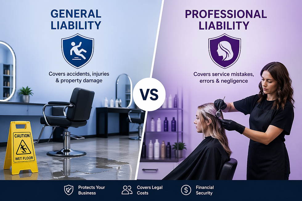 Split image comparing general and professional liability. Left: wet floor sign in salon. Right: hairstylist coloring hair. Text on liabilities.