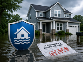 Flooded gray house with blue insurance shield icon and homeowner's policy marked NOT COVERED in front.