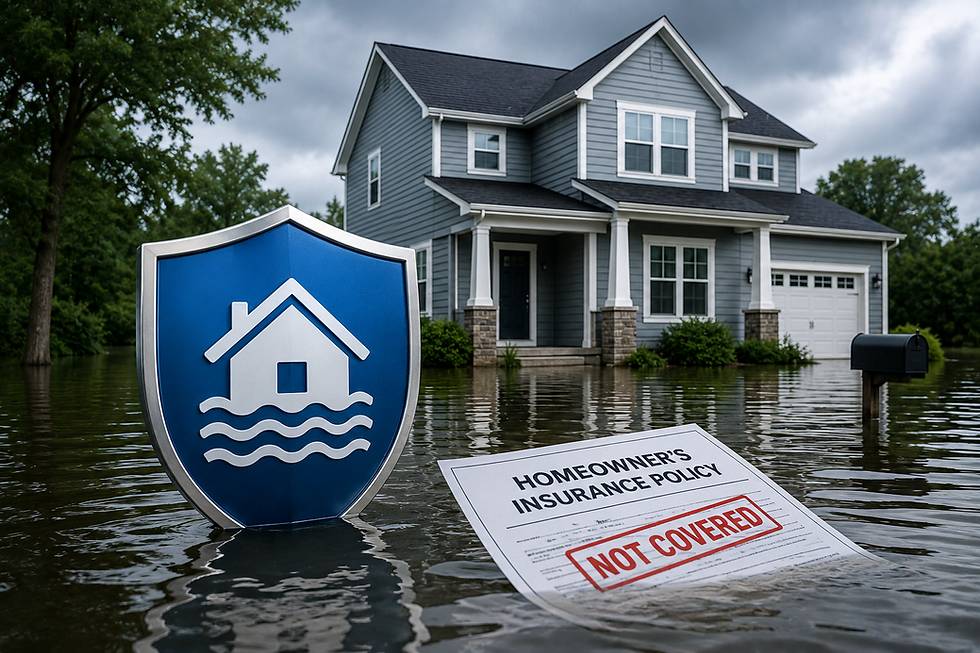 Flooded gray house with blue insurance shield icon and homeowner's policy marked NOT COVERED in front.