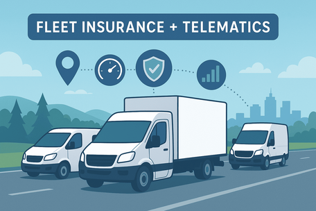 White delivery trucks on a road, city silhouette in background. Icons above show GPS, speed, shield, and chart. Text: "Fleet Insurance + Telematics".