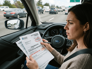 Woman driving a car, holding and examining an auto insurance renewal notice with a rate increase highlighted. Traffic visible outside.