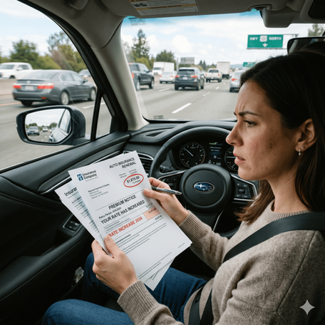 Woman driving a car, holding and examining an auto insurance renewal notice with a rate increase highlighted. Traffic visible outside.