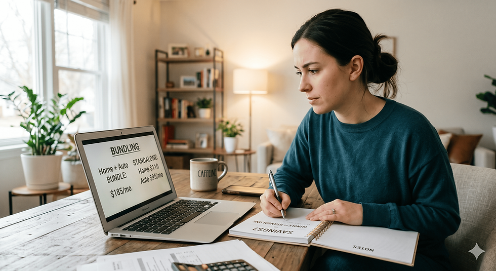 Woman in a teal sweater writing notes, focused on a laptop displaying bundling insurance options. Cozy room with plants and bookshelves.