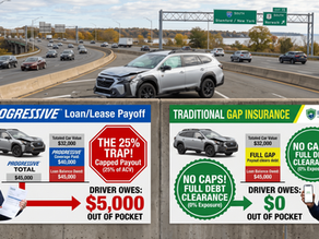 Damaged silver SUV on highway overpass by I-95 South signs, with two gap insurance ads comparing $5,000 vs $0 out of pocket.