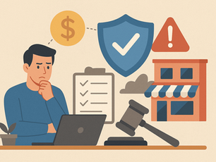 Man thinking at a desk with laptop. Symbols of a dollar, shield, checklist, gavel, and store. Mood of contemplation and decision-making.