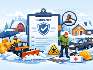 Snowy scene with people clearing snow, insurance document, coins, and a safety sign. A house and car are in the background. Snow removal insurance